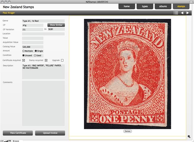 Stamp detail in the custom FileMaker application.