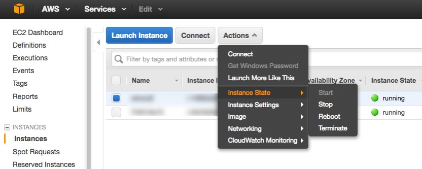Figure 7 - Change the instance state in the AWS Console