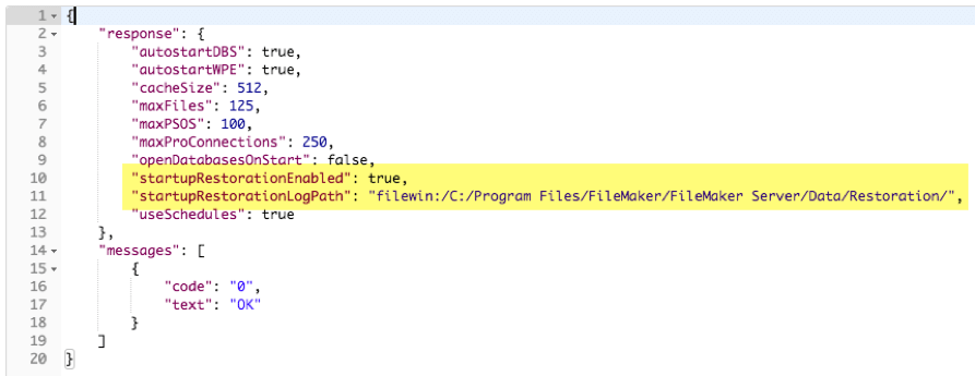 Screenshot with the two new configuration settings highlight in the JSON returned by the API call