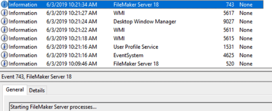 Screenshot of the Application event log that shows when the FileMaker Server started