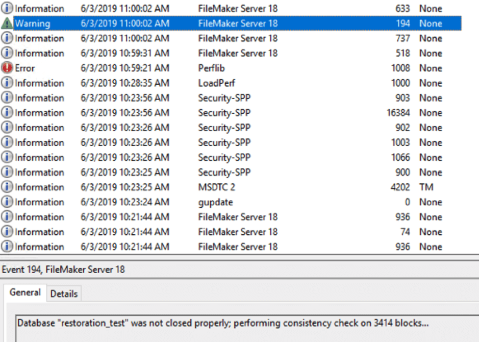 Screenshot of the Event Log shows that FileMaker Server logged an 
