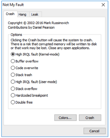Screenshot showing the Microsoft Tool to induce a crash