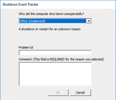 Screenshot of the Shutdown Event Tracker that appears when Windows prompts user to acknowledge the unexpected shutdown