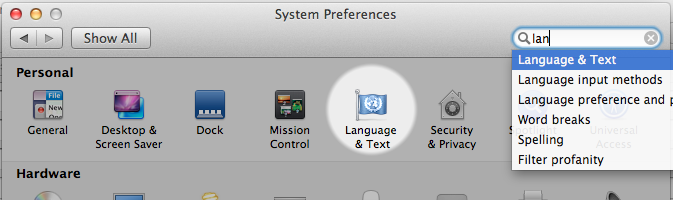 System Preferences with Language & Text highlighted