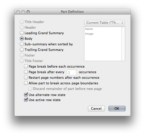 Part definition dialog