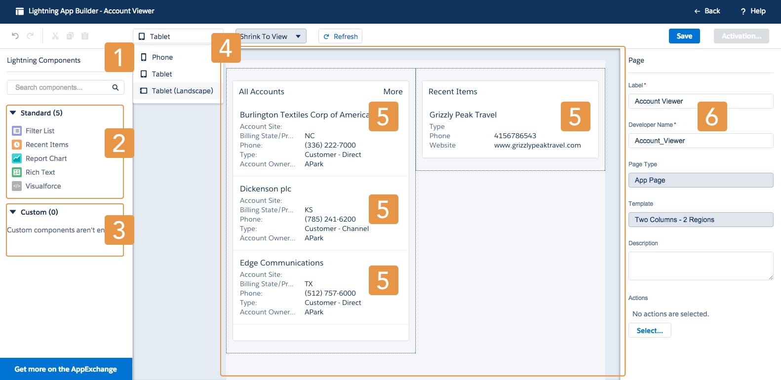 Screenshot of the components of the Lightning platform App Builder.