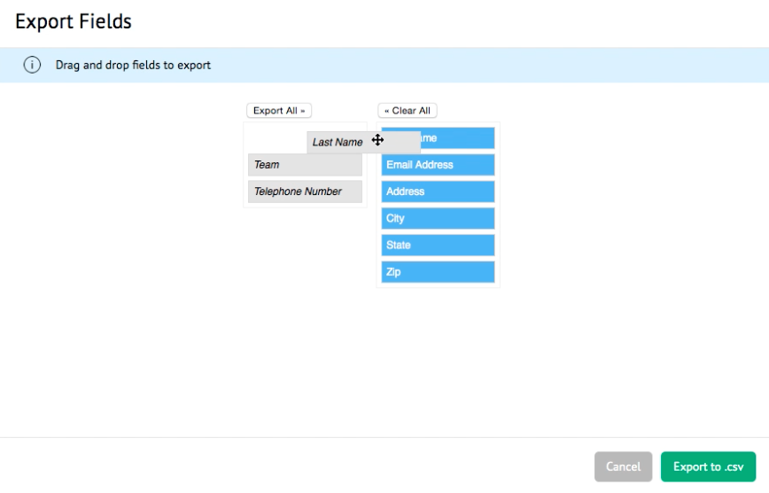 Drag and drop fields to export.