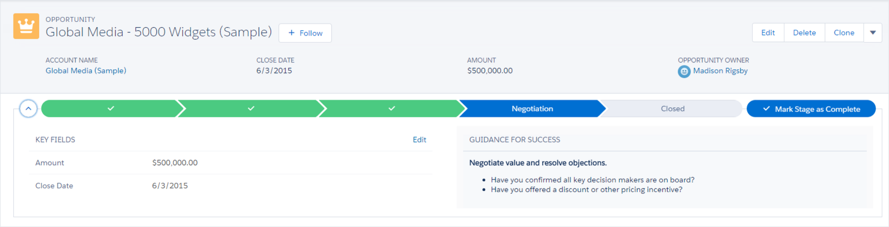 Screenshot of sales path within Opportunities.