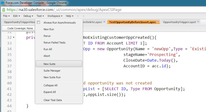 Screenshot of creating a new Test Suite on the Test tab in the Developer Console