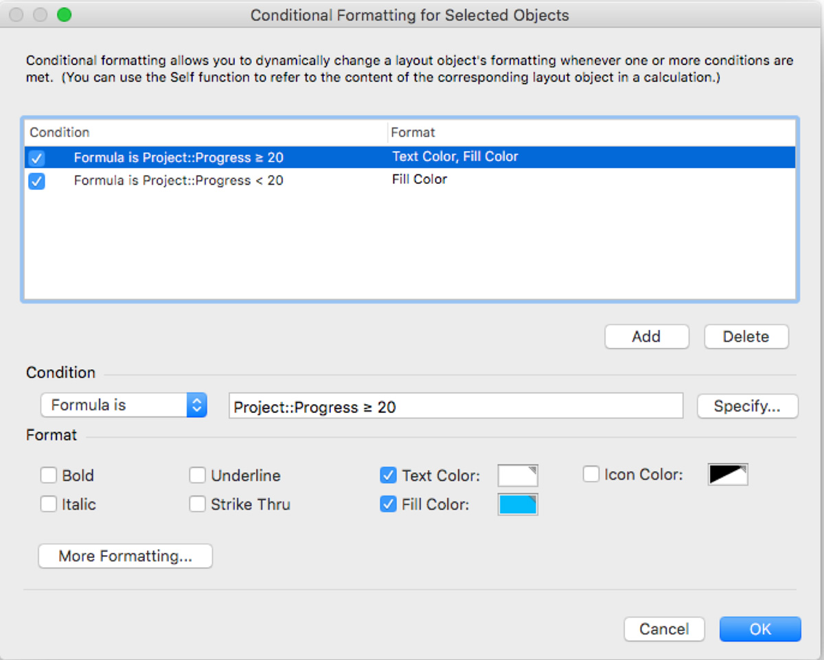 Screenshot of conditional formatting for the button bar segments