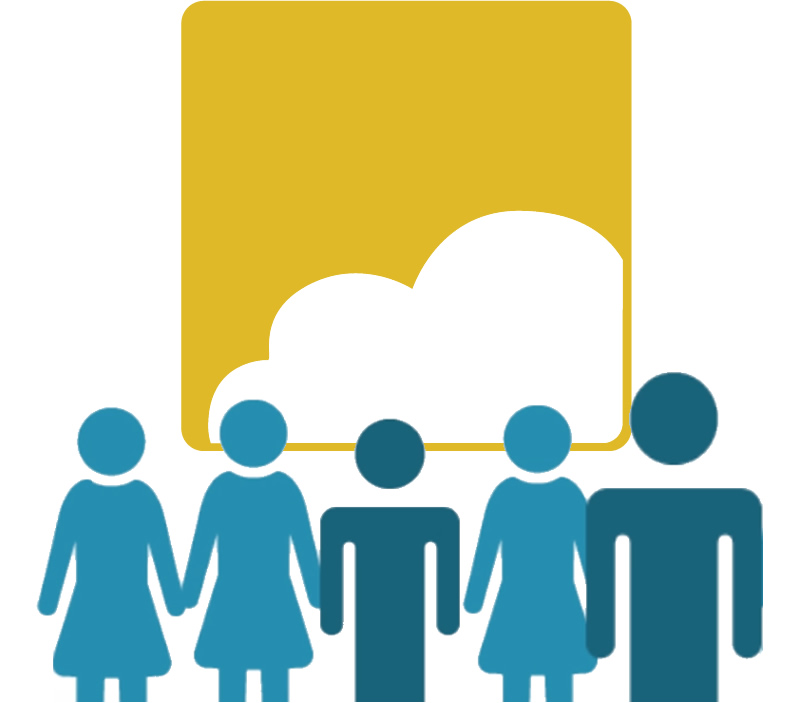 Figures representing clients standing in front of icon for Soliant.cloud