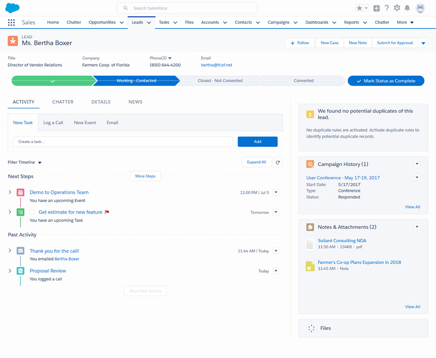 Screemshot of lead detail to view activity such as calls, e-mail, and meetings