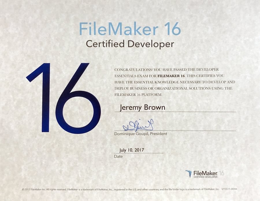 Photo of Jeremy Brown's FileMaker 16 Certified Developer certificate