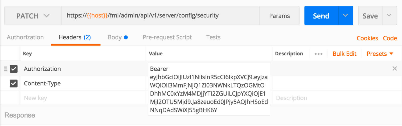 Figure 3: Example of token set in the header.