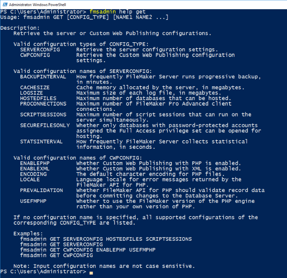 Figure 4 - List of current FileMaker setting, including default settings