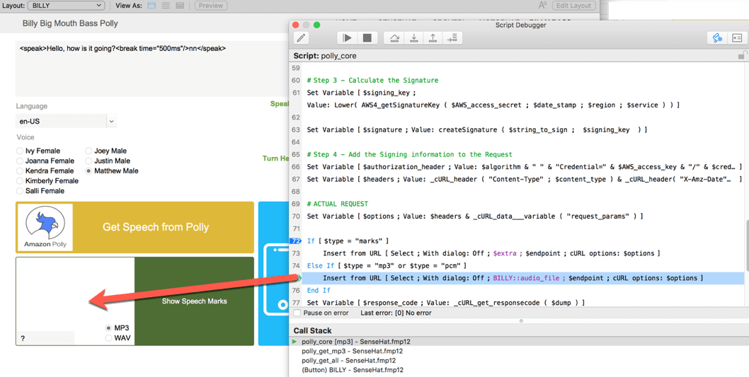 Figure 7 - Using the "Insert from URL" script step to point to the container field that will hold the audio file.