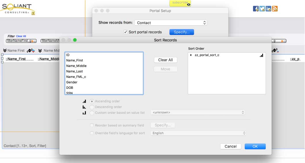 Screenshot of 'Sort Records' dialog for the Portal Setup