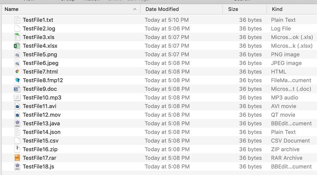 Screenshot of list that shows the file size increased for each file wrote