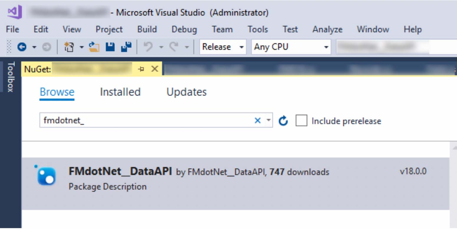 Screenshot of adding fmDotNet as a Nuget package