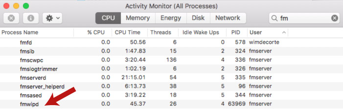 Screenshot of the macOS Activity Monitor in Zabbix FileMaker