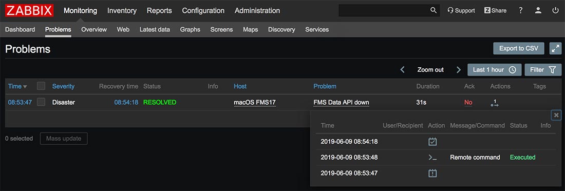 Screenshot of the problem event and actions that Zabbix took
