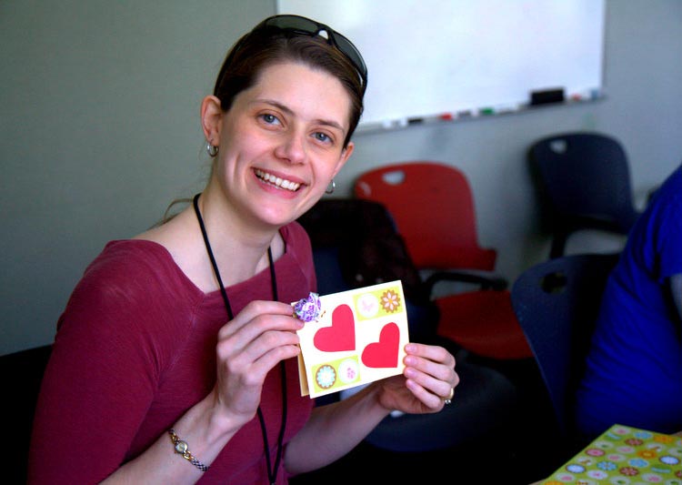 Gillian Gentry making Valentine's Day cards while voluneering at the Homeless Services Center in Santa Cruz, CA