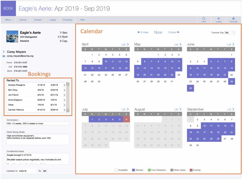 Booking layout UI with booking list on left and six-month calendar on the right