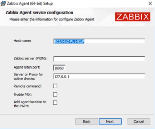 Screenshot of Zabbix Agent service configuration - changing the default host name