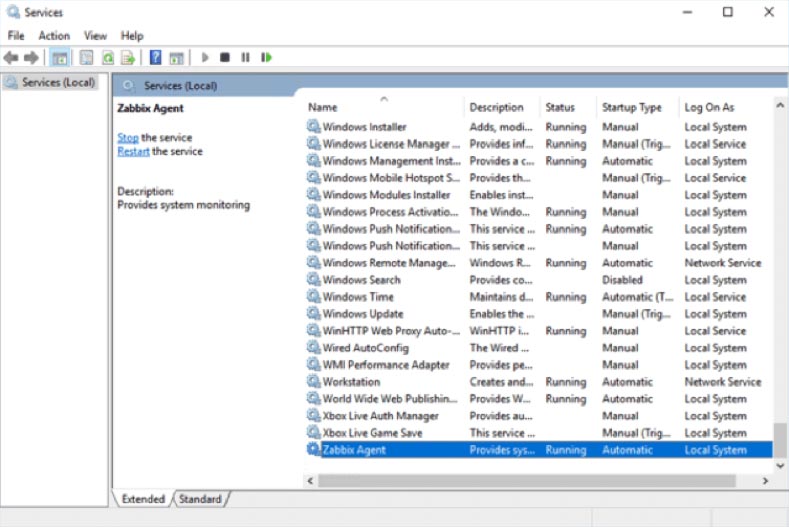 Screenshot showing Zabbix Agent under Windows services