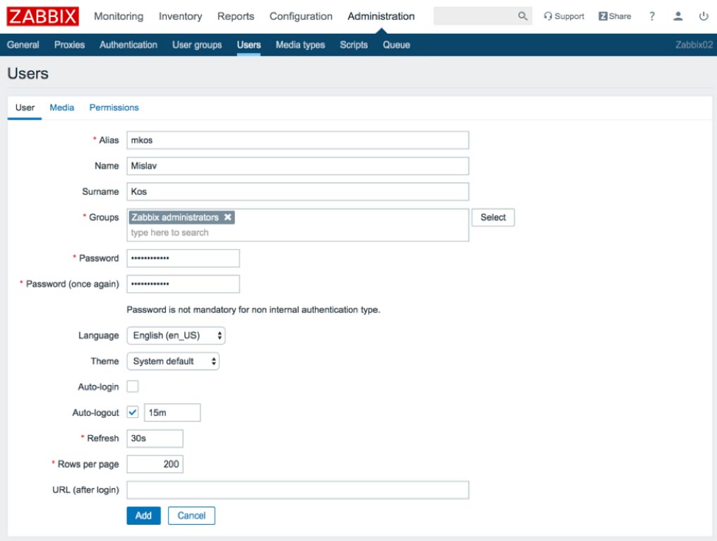 Screenshot of creating a user and adding the user to the Zabbix administrators group