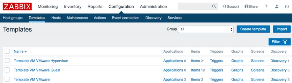 Screenshot of the Zabbix frontend to import templates