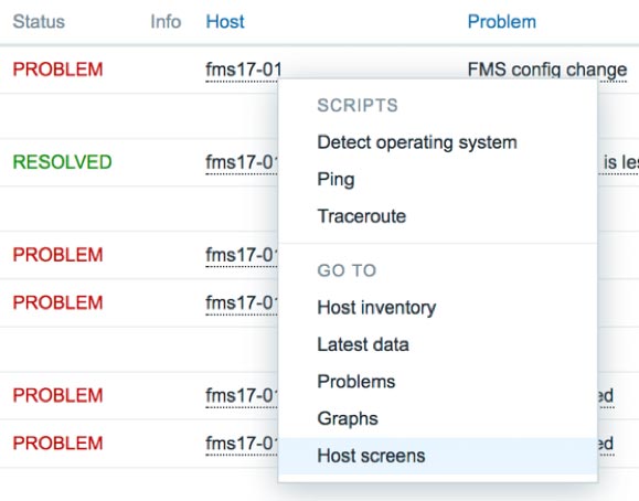 Screenshot of the contextual host menu when clicking on the Host name