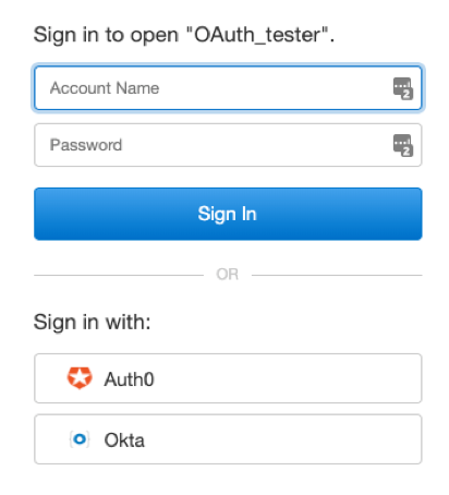 Screenshot of login that allows user to sign in with the Auth0 or Okta OAuth providers