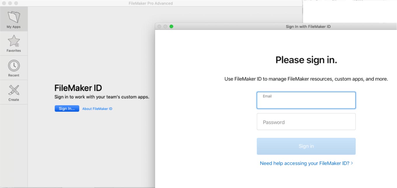 Screenshot of login using FileMaker ID