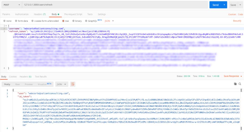 Screenshot of the postman call to the web service using the refresh token