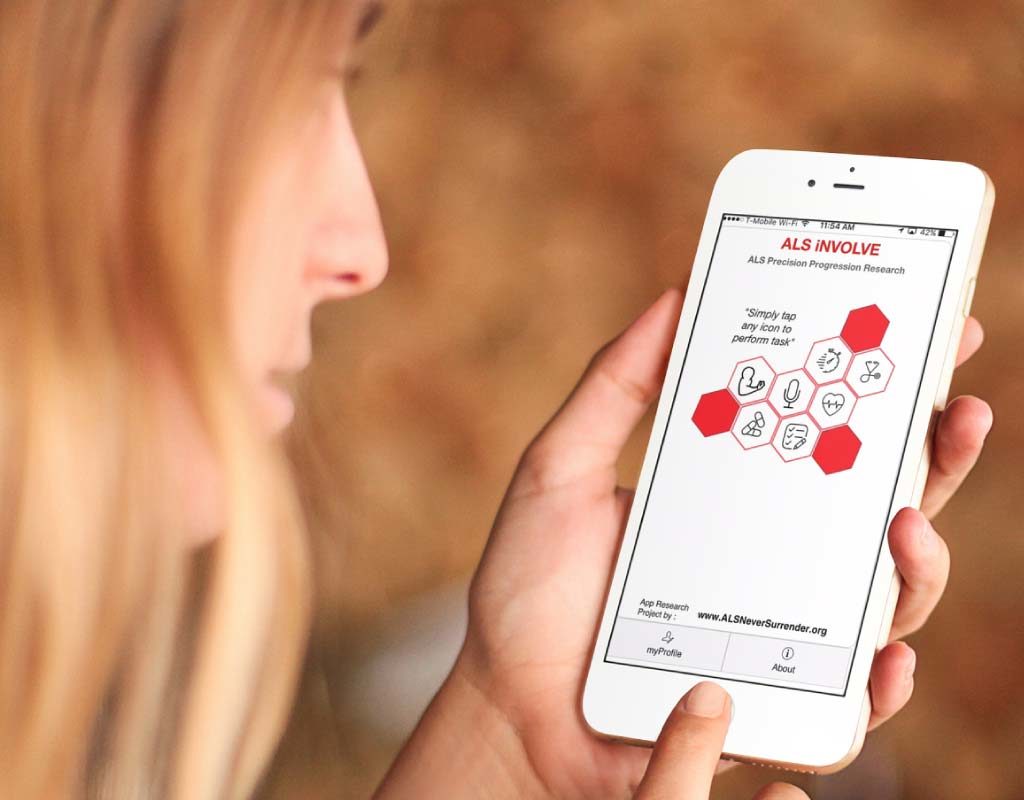 Woman using the custom FileMaker app to monitor and track symtoms and progression of ALS