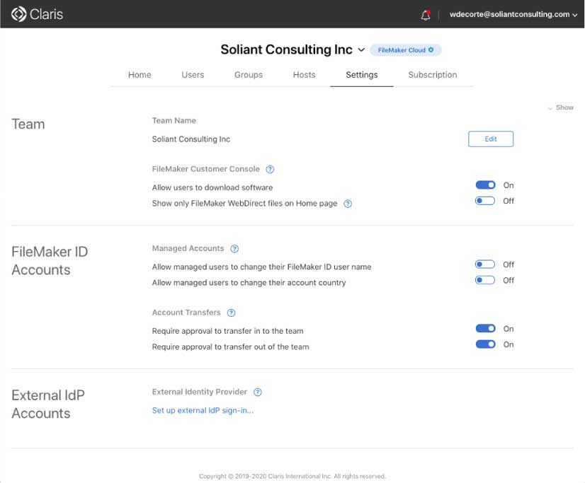 Figure 3 - Screenshot of the settings page in the Customer Console