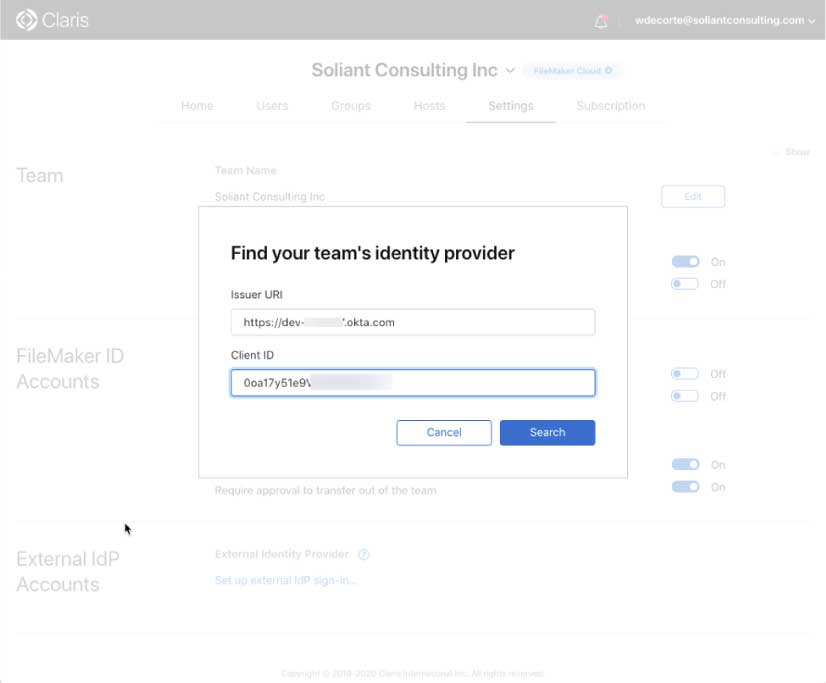 Figure 5: Screenshot of the Find your team's indenty provider dialog