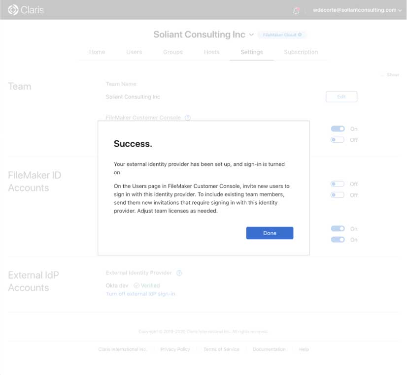 Figure 8: Screenshot of the confirmation dialog showing your external identity provider has been set up