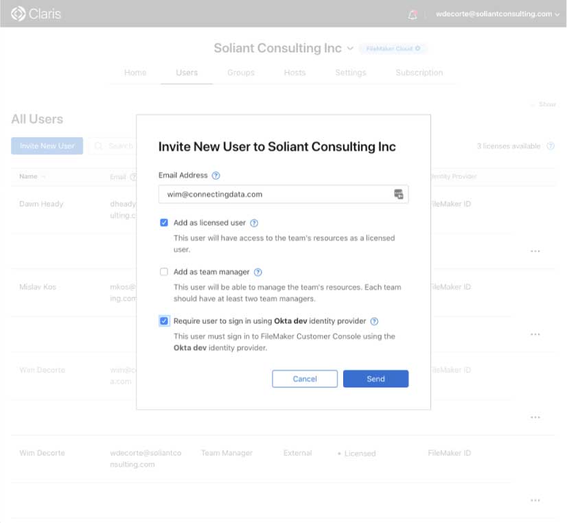 Figure 9: Screenshot of the dialog to invite a new Okta user