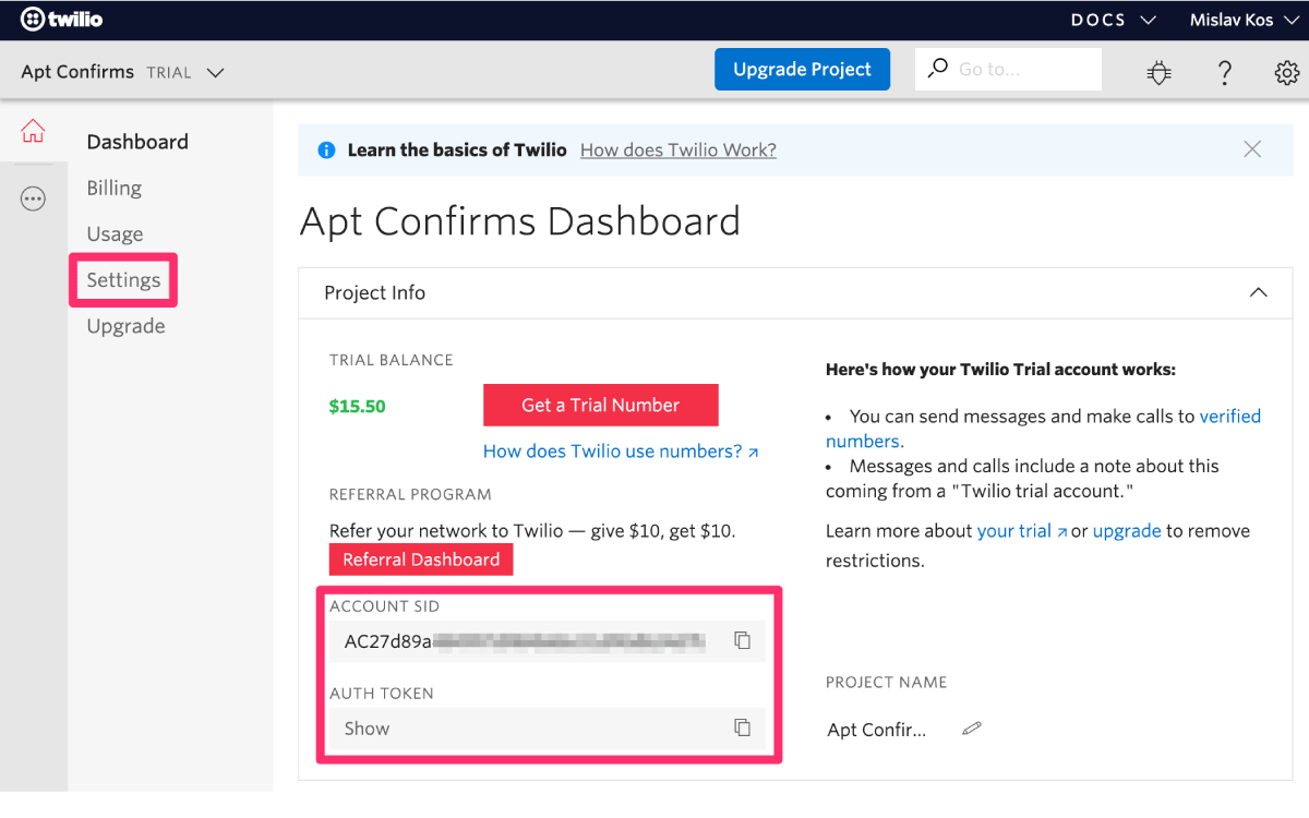 Figure 1. Twilio project dashboard