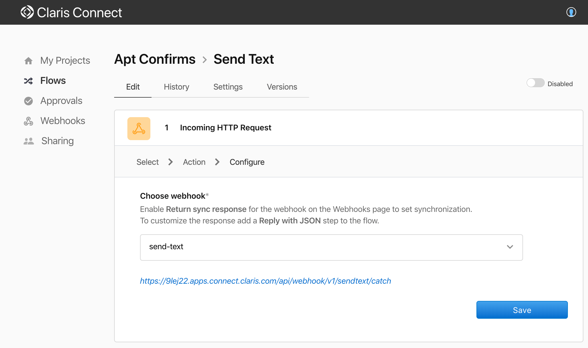 Figure 3. Send text flow ad configure webhook