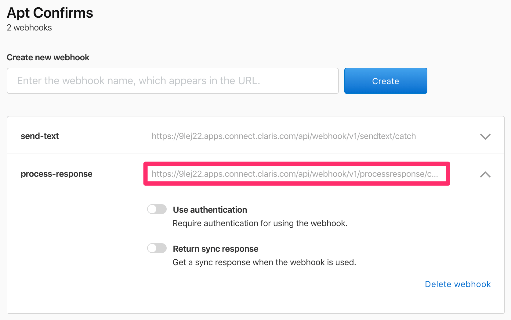 Figure 7. Create second webhook named process-response