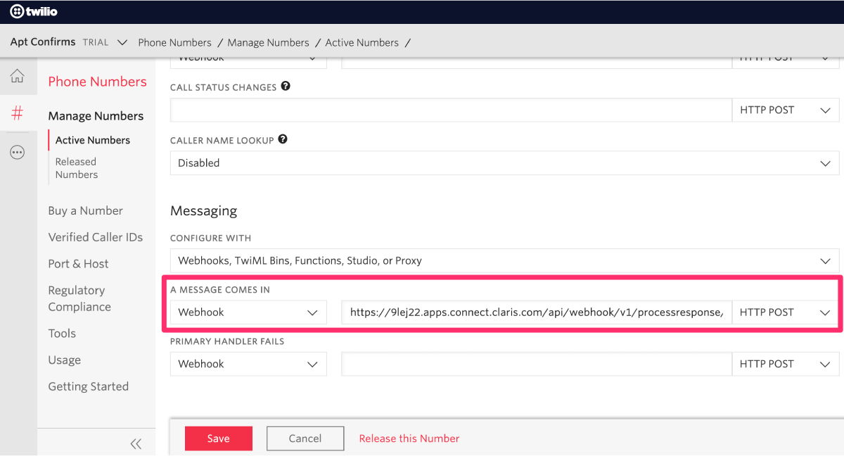 Figure 8. Configure Twilio phone number for inbound message