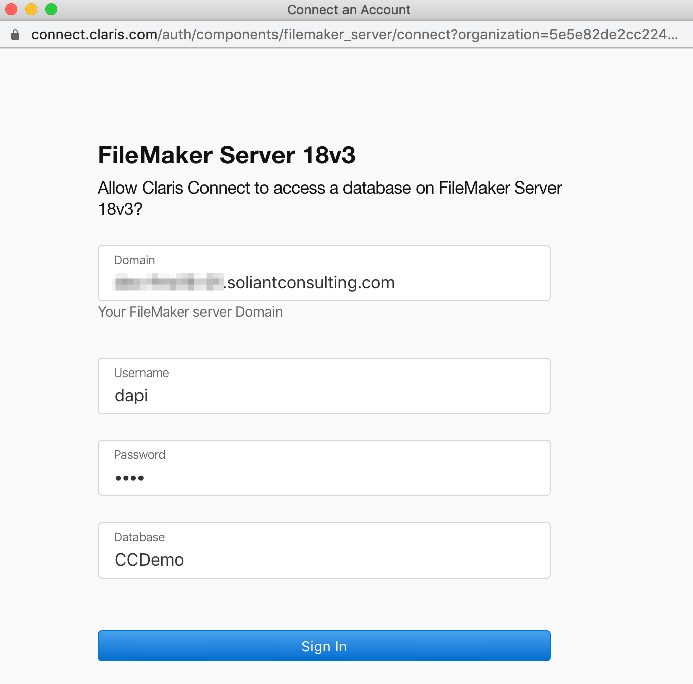 Figure 12. Connect your Claris Connect account to a FileMaker app account
