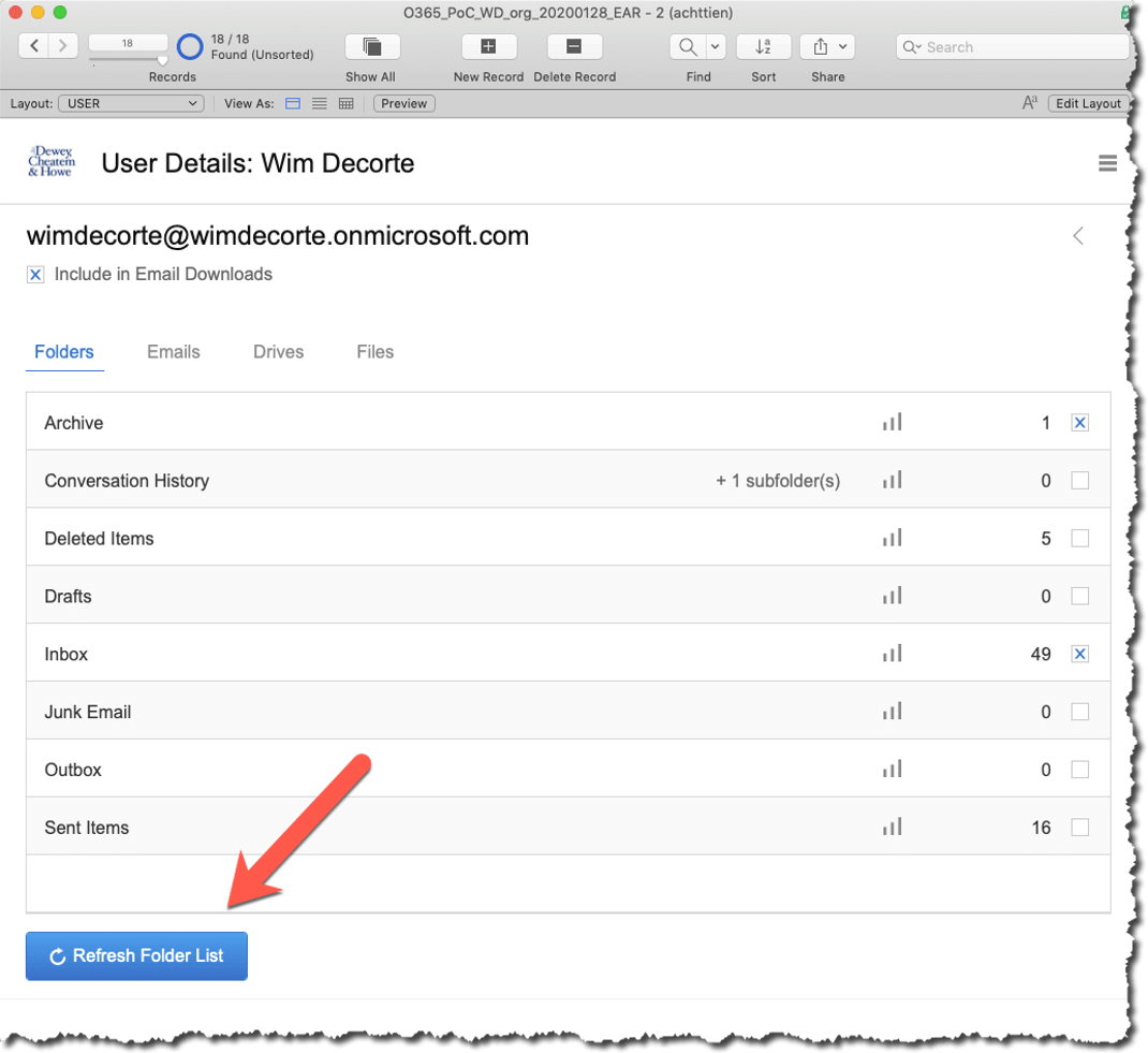 Figure 34. Screenshot of the list of folder and email counts with arrow pointing to the Refresh Folder List button