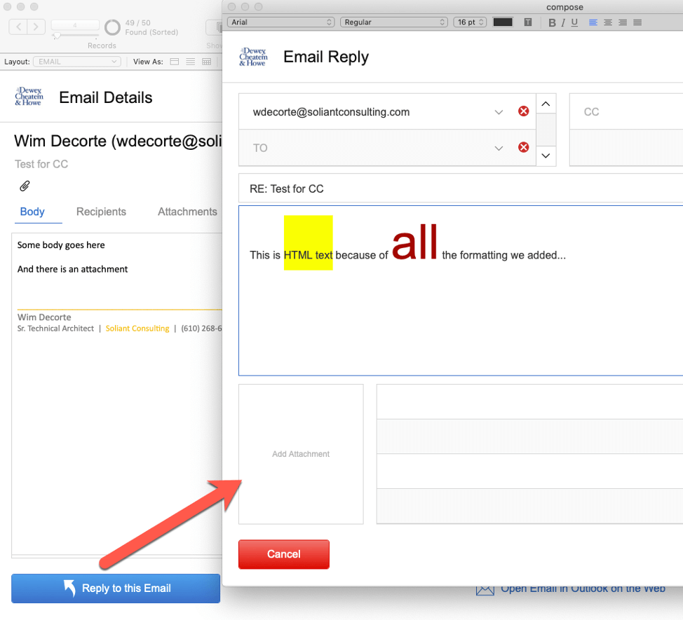 Figure 49. Screenshot of styled text in an email response