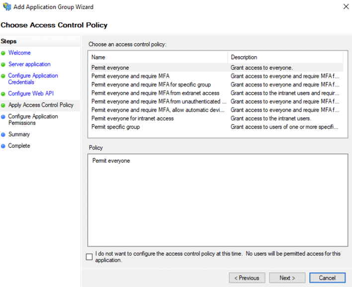 Figure 10: Screenshot of the Apply Access Control Policy step - accept all defaults