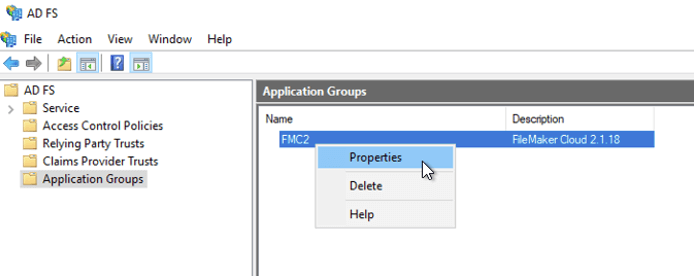 Figure 12: Screenshot of the Application Group step and selecting Properties