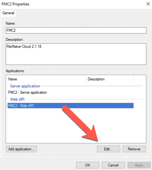 Figure 13: Screenshot of the FMC2 Properties and selecting 'FMC2- Web API under 'Applications'